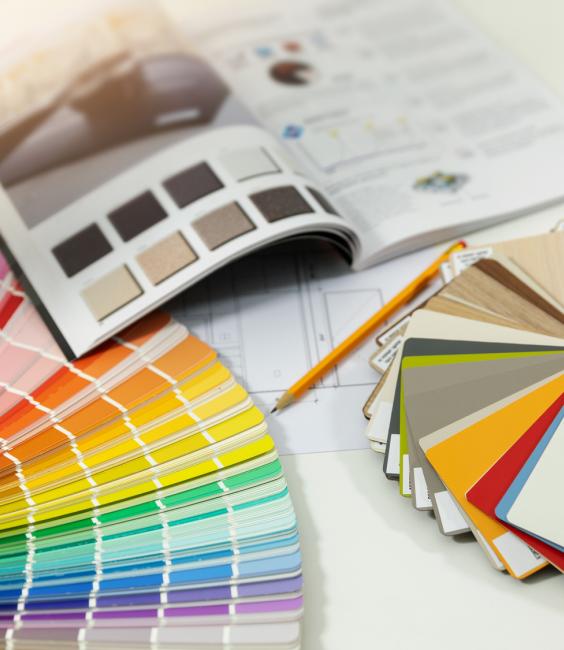 Designer workplace interior paint color and furniture material samples