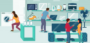 Electronics store, vector flat illustration. Male and female characters sellers or shop assistants and customers choosing home a