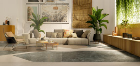 A 3D rendering of a modern biophilic living room
