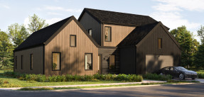Rendering of a modern farmhouse with black Tesla in driveway