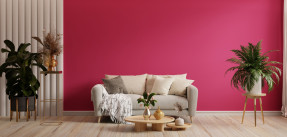 Living space with magenta accent wall, neutral colored couch and furniture and plants