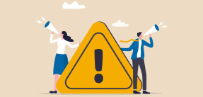 Illustration of two people making an announcement with megaphones standing near caution sign