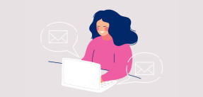 Illustration of smiling woman sitting at computer writing messages and icons envelopes floating in speech bubbles around her
