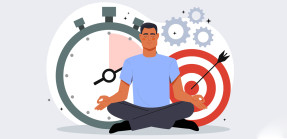 Man doing yoga with stopwatch and target behind him