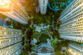 Aerial view of condominium courtyard 