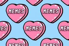 Hearts on blue background with the word "Memes" inside them