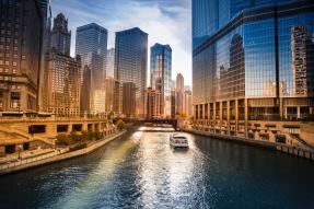 Chicago river downtown with riverwalk view