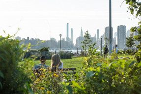 People sitting on a bench at a park across the river from a city skyline