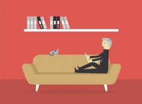 animated red living room with a person sitting on a couch and a cat perched on the back of the couch