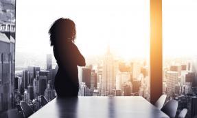Silhouetted business woman looking at cityscape through window