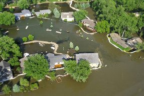 Aerial view of a flooded neighborhood
