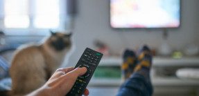 A picture of a person holding a TV remote, with the television in the background unfocused.