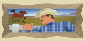 Illustration of cowboy watching horse in pasture