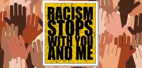 multicolor hands background. Racism stops with you and me