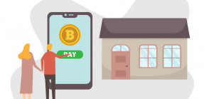 An illustration of a couple paying with Bitcoin on a phone to purchase a house