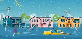 Illustration of flooding in a residential neighborhood
