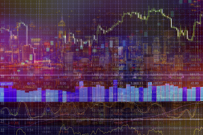Bar and line charts superimposed on a city skyline graphic