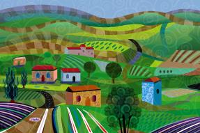 Colorful illustration of homes among rolling hills