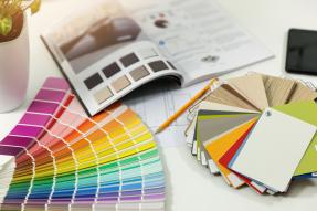 Designer workplace interior paint color and furniture material samples