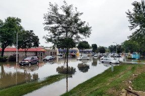 Flooded shopping center parking lot
