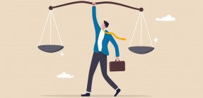 Illustration of businessman holding up scales of justice