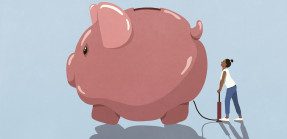 Illustration of person inflating piggy bank