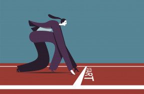 Illustration of a business woman at the starting line of a race, head start