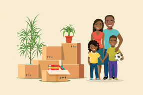 Illustration: Family with children and moving boxes