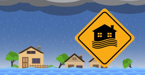 Illustration featuring flood natural disaster with house, heavy rain and storm