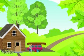 Illustration of a wood house in the country, with a car, canoe, and bicycles