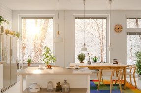 Morning sun streaming into the kitchen, winter scene