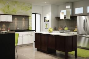 Modern kitchen design with white and dark wood cabinets, stainless steel appliances, and green wallpaper