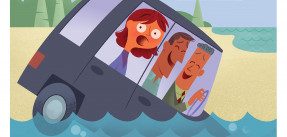 Cartoon of people in car sinking into sea