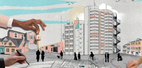 Illustration of apartment building with people and hands