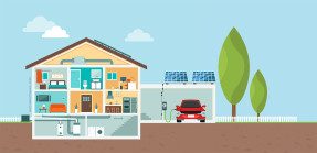 Illustration of green home with EV car
