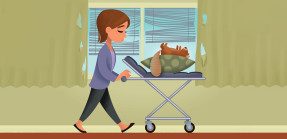 Illustration of woman pushing cart with dead squirrel on it