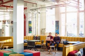 Startup office decorated in primary colors