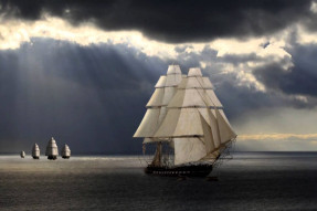 open sea with cloudy sky, a large boat leading with four behind envisioning the future emerging tech