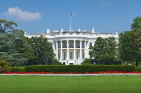 The White House, with red and white flowers on the lawn
