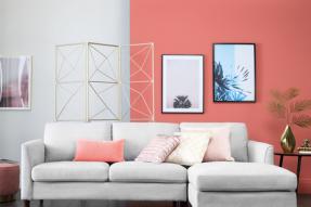 White couch in foreground, with a wall painted half white, half coral