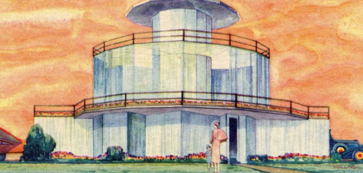 Drawing of the circular, glass-and-steel House of Tomorrow with a small airplane parked next to the house and a family standing