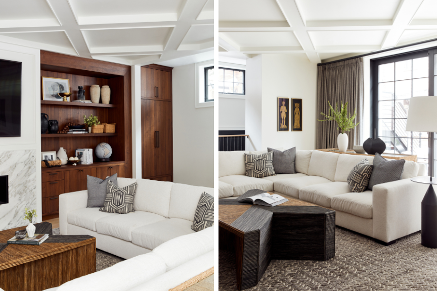 Side by side images of an airy living space with white couches and built-in bookshelves