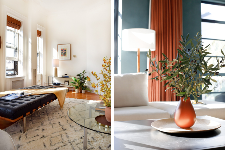 side by side photos of various home decor: an orange vase with flowers and a large brown bench