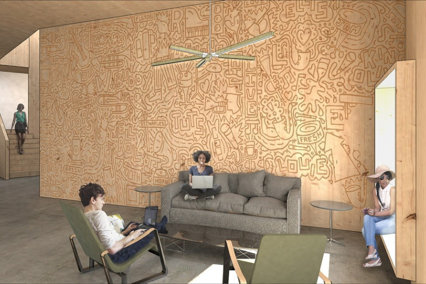 Uma renderização do espaço comum interno de uma unidade multifamiliar usando madeira maciça