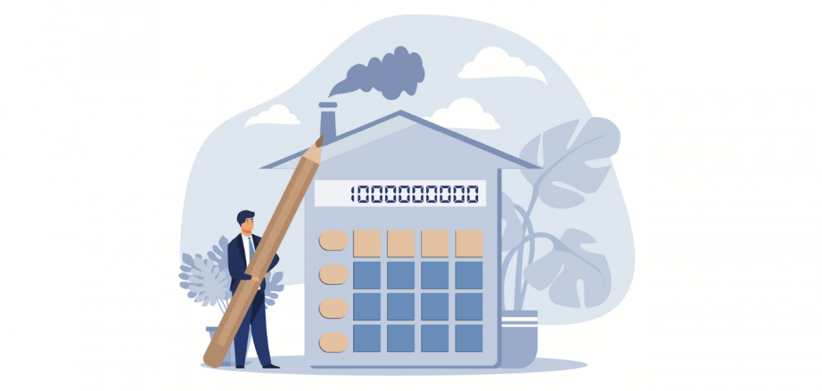 Vector image of a real estate professional holding a pencil in front of a house that's shaped like a calculator