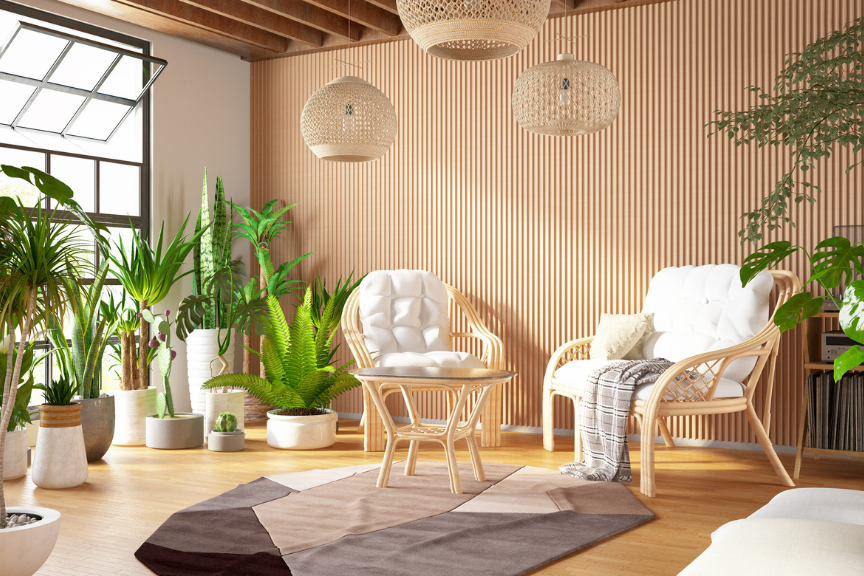 An airy sitting room with bamboo wall treatments and furniture and many plants surrounding
