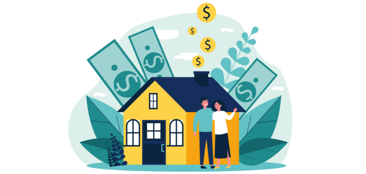 Vector image of a heterosexual couple standing in front of a home that's making them money