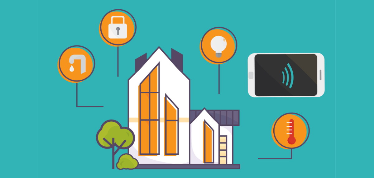 Vector illustration of smart home technology materials. House with wireless smart technology, thermostat and security icons.