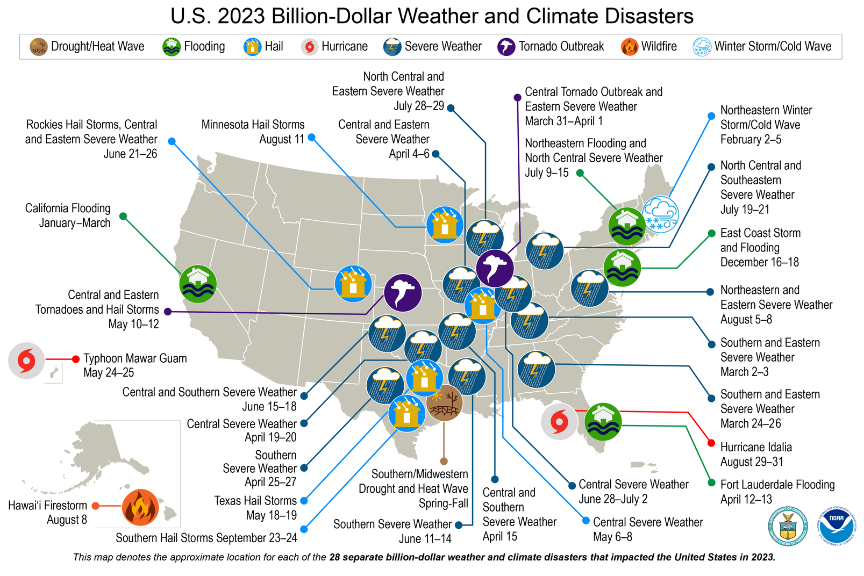 A map of the united states with icons that depict where natural disasters have caused billion-dollar damage