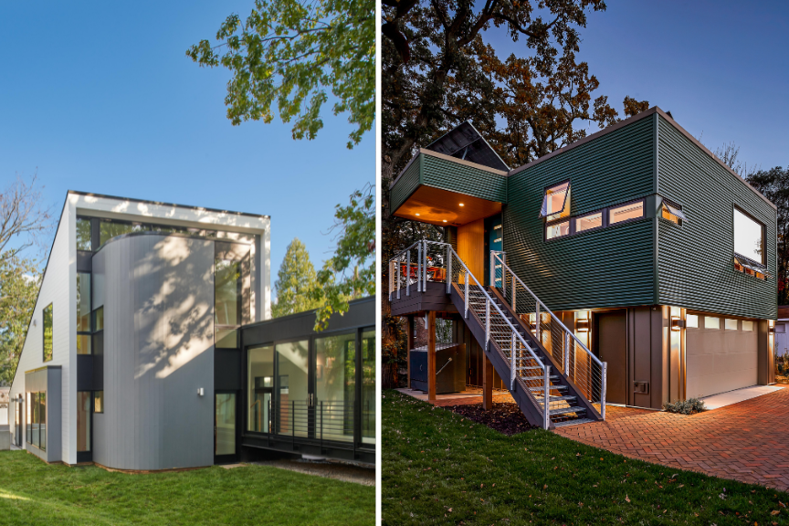 Two modern accessory dwelling units side-by-side. The left is white and attached to the home, the right is a green garage apt